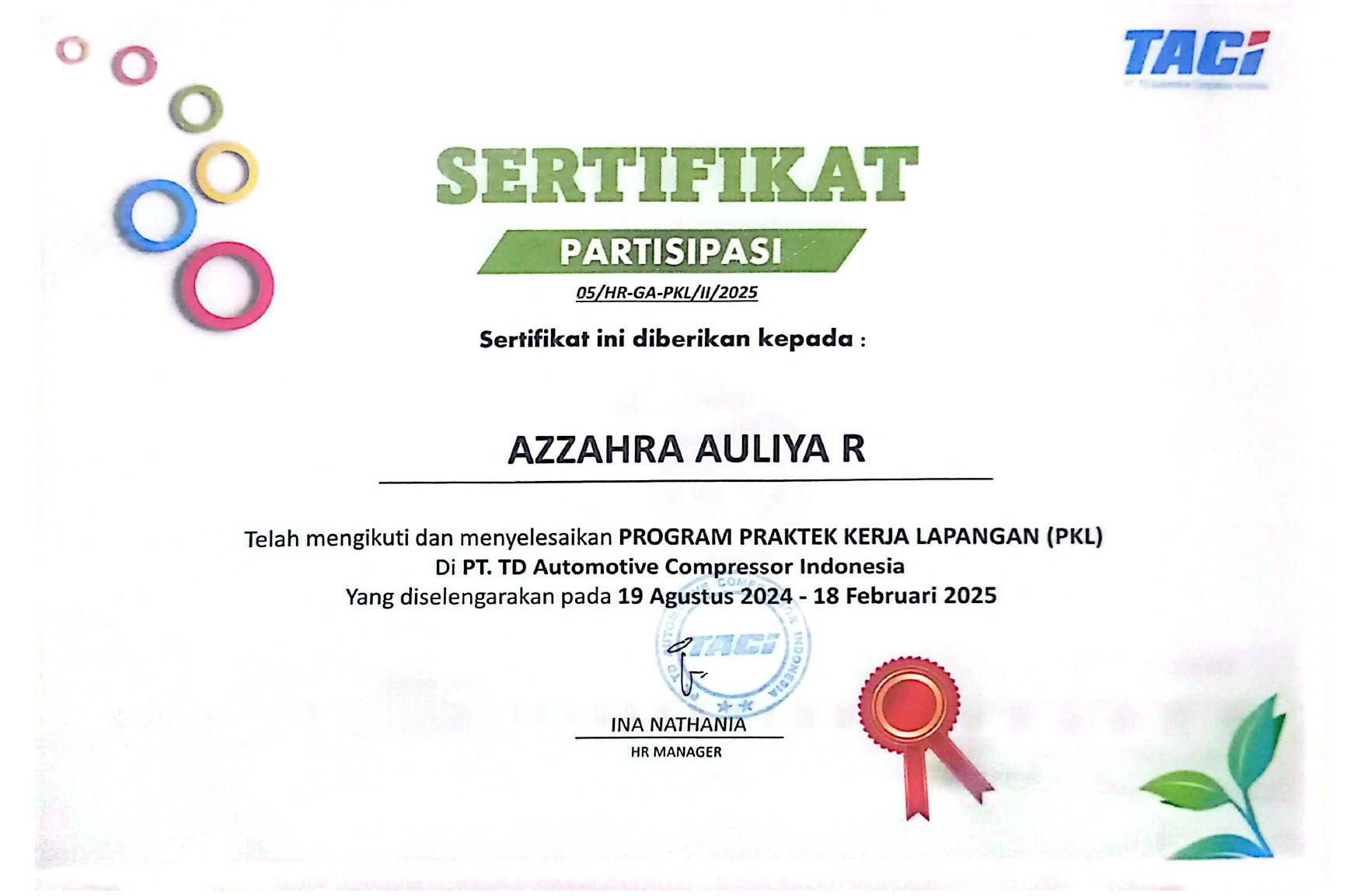 Internship at TACI Certificate